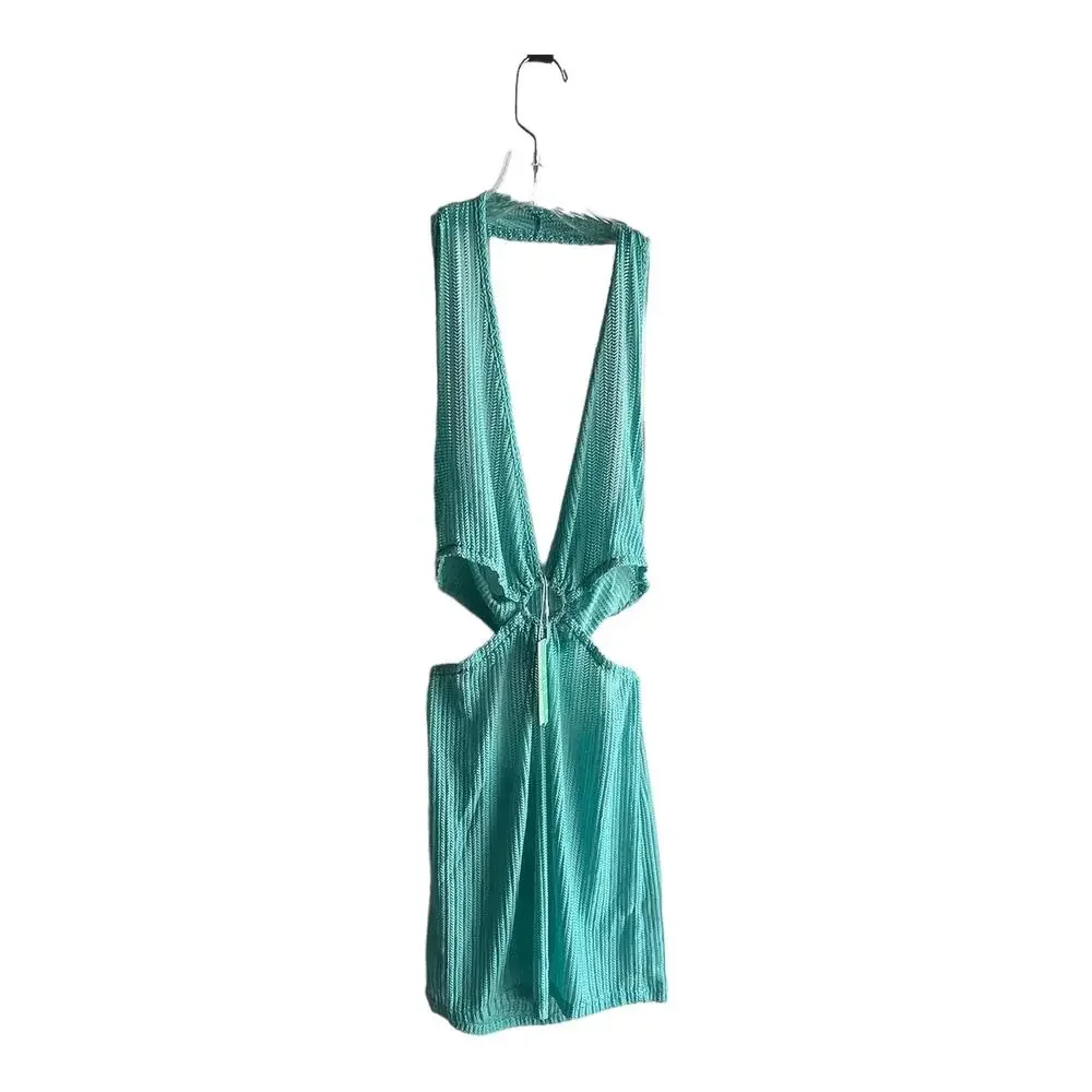 NEW Cut Out Crochet Beach COVER UP DRESS Teal Green Bodycon LG Plunge Halter